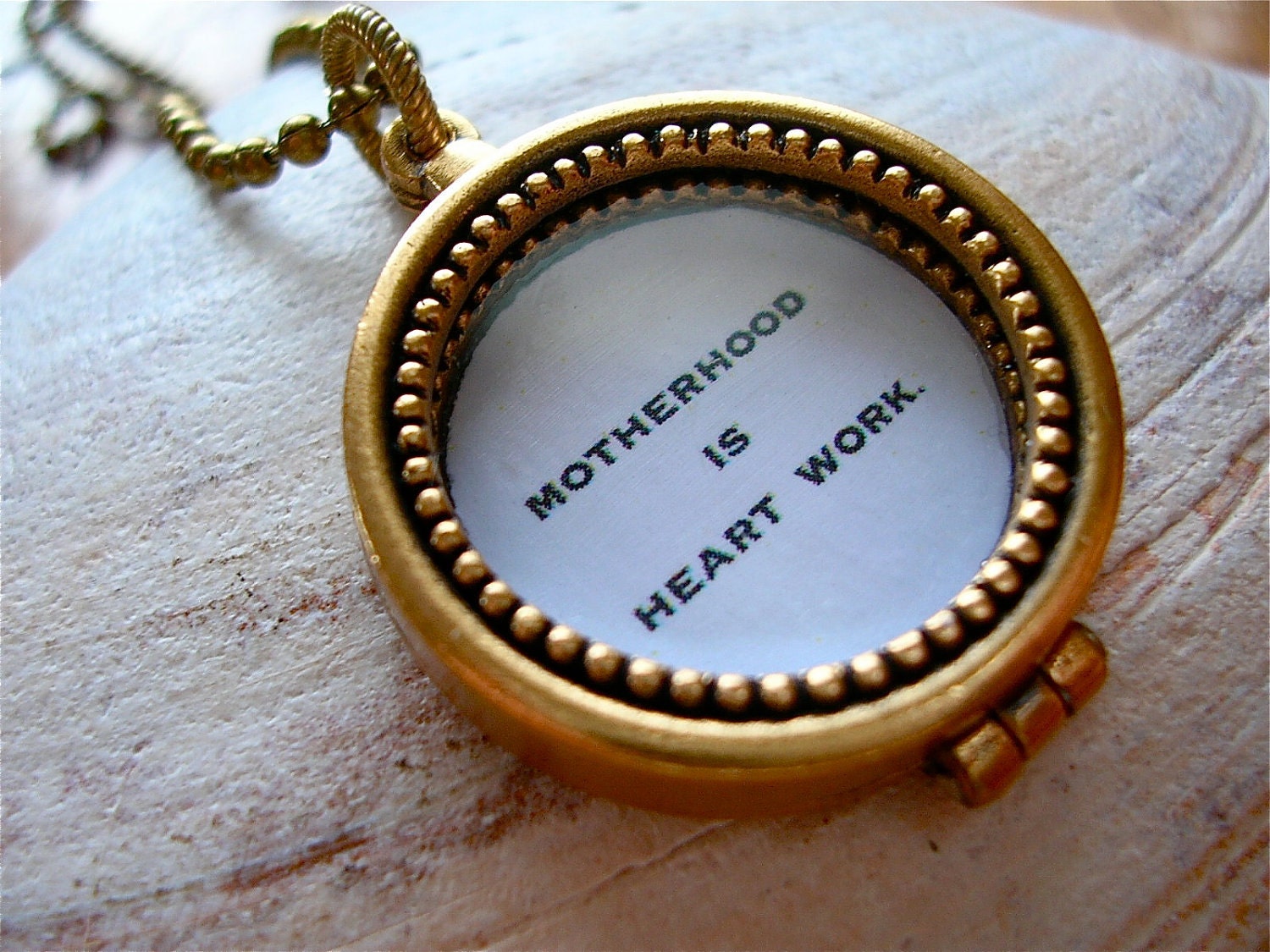 Motherhood is Heart Work Quotation Locket in Antique Gold, Antique Silver, or Rose Gold Copper