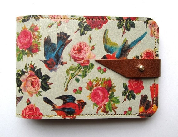 Leather card case/ Oyster card holder - Birds & Roses