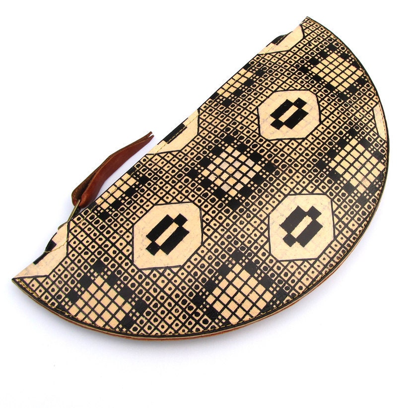 Leather Clutch bag - Half moon shape - 1900's hand drawn graphic illustration design No.2