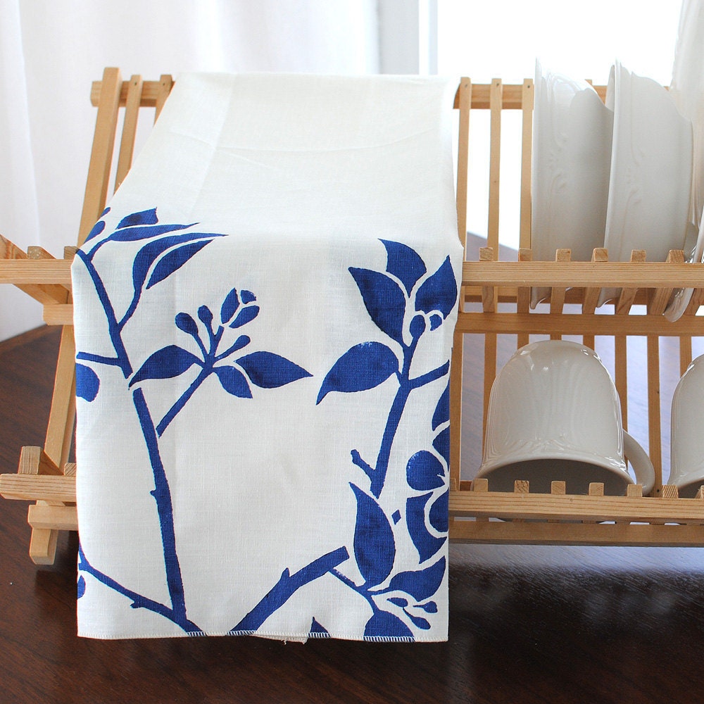 Block Printed Hemp Organic Cotton Kitchen Towel in Apple Blossom in Navy