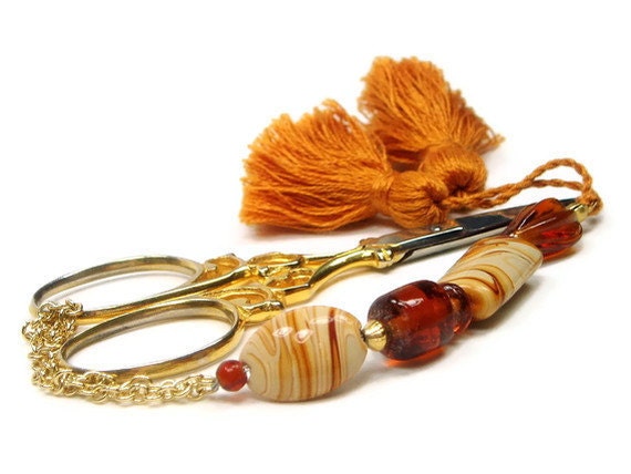 Beaded Scissor Fob, Quilting, Sewing, Cross Stitch, Gift for Crafter, Butterscotch Swirl, Brown, Orange, DIY Crafts, TJBdesigns