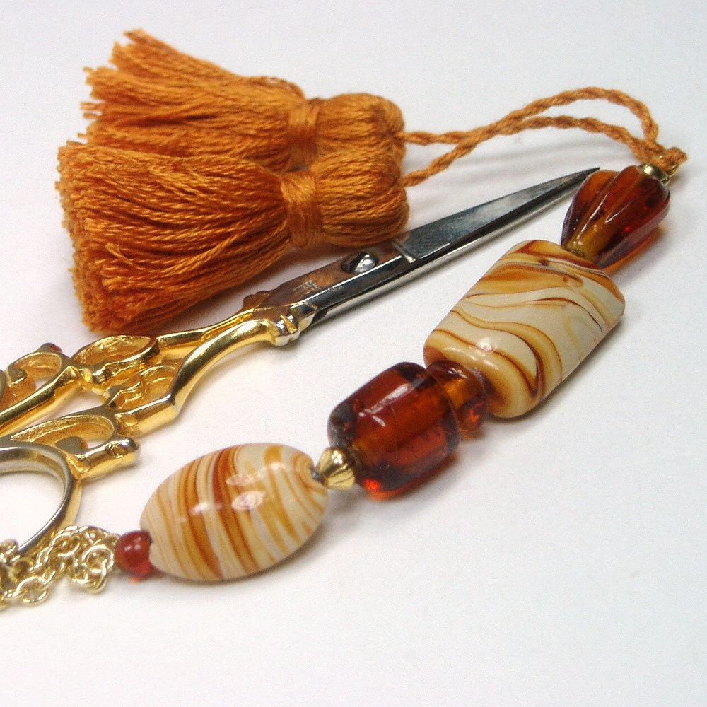 Beaded Scissor Fob, Quilting, Sewing, Cross Stitch, Gift for Crafter, Butterscotch Swirl, Brown, Orange, DIY Crafts, TJBdesigns