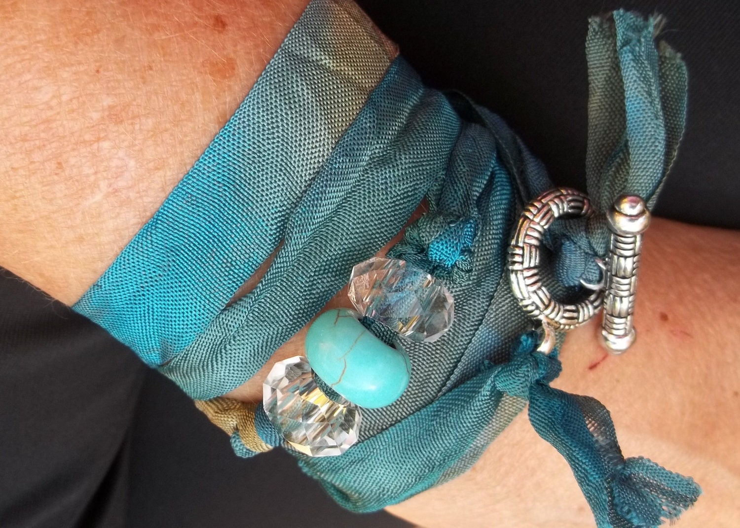 BRICO Turquoise Beaded Ribbon Wrap Boho Style Bracelet