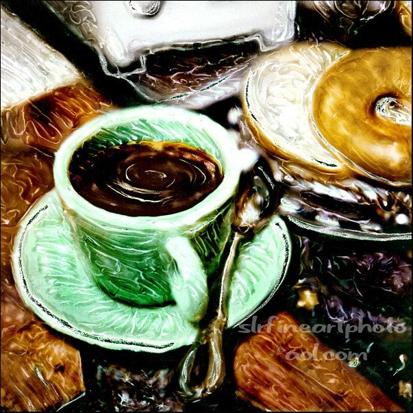 COFFEE with BAGEL  Polaroid manipulations  8x8 image matted to 12x12 ready to frame