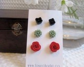 Free Shipping: Flower Earring Set- English Garden Jewelry Series by Love Charlie- Red -Mint Green-Black