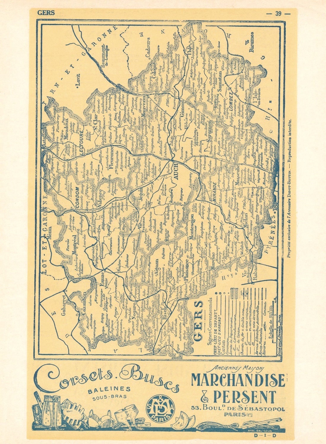 Ca. 1925 Vintage Petite French Back to Back Map of Gers and Gironde