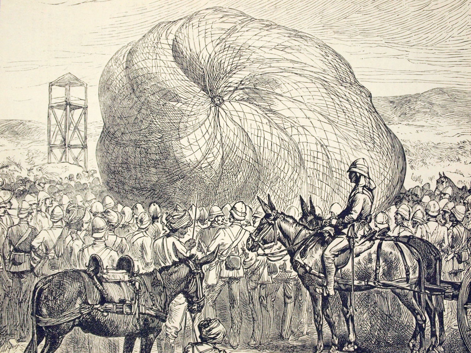 1885 Large Rare Antique Steel Engraving of Ballooning in the Sudan