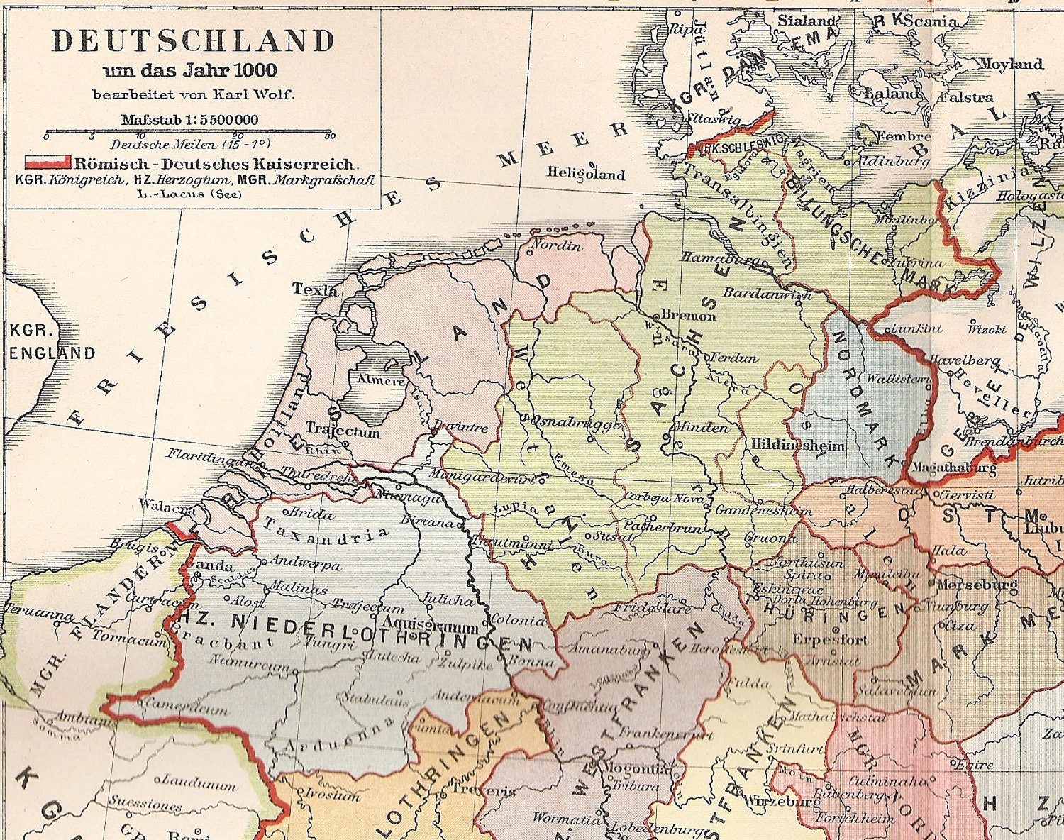 1895 Antique Map of Germany in the Year 1000