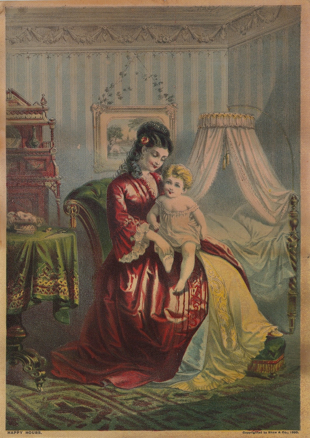 1880 Large Victorian Chromolithograph of Happy Hours