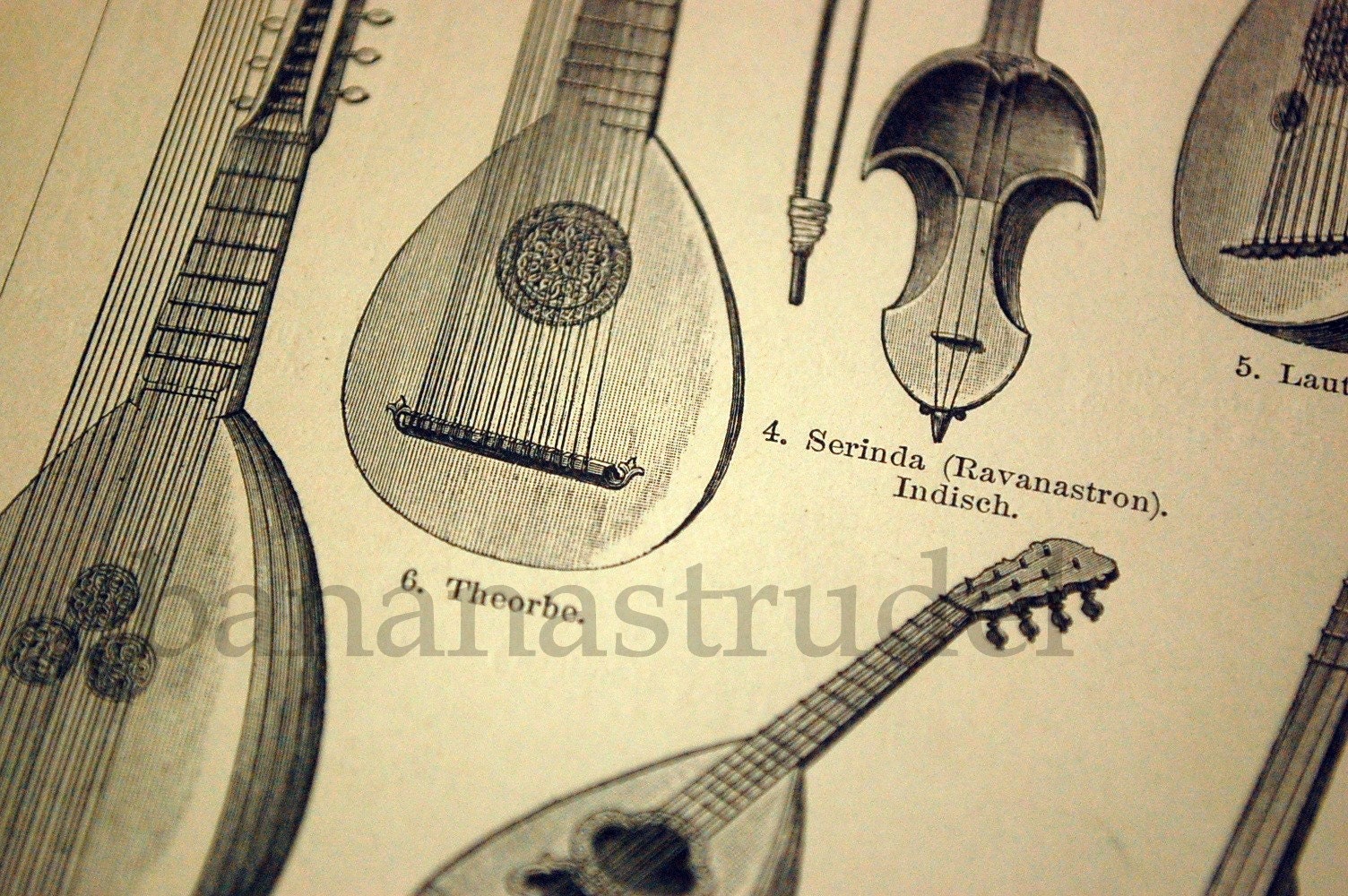 1895 Antique German Engraving of Musical Instruments No. 2