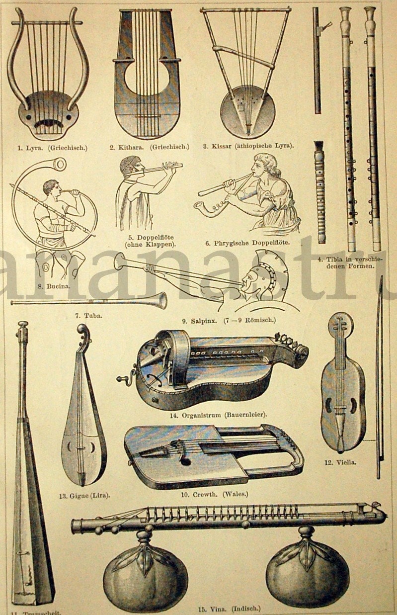 1895 Antique German Engraving of Musical Instruments No. 2