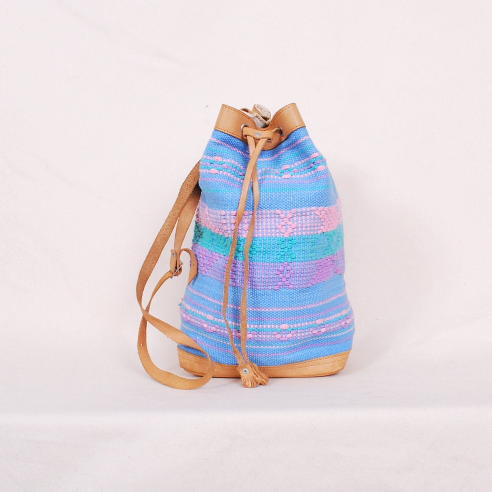 Vintage Ethnic Woven BUCKET BAG - amazing pastel hues, geometric shapes, soft supple leather - Free Worldwide Shipping