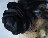 Black  recycled vintage fabric flower feather headpiece/fascinator with recycled cockerel feathers and birdcage veil