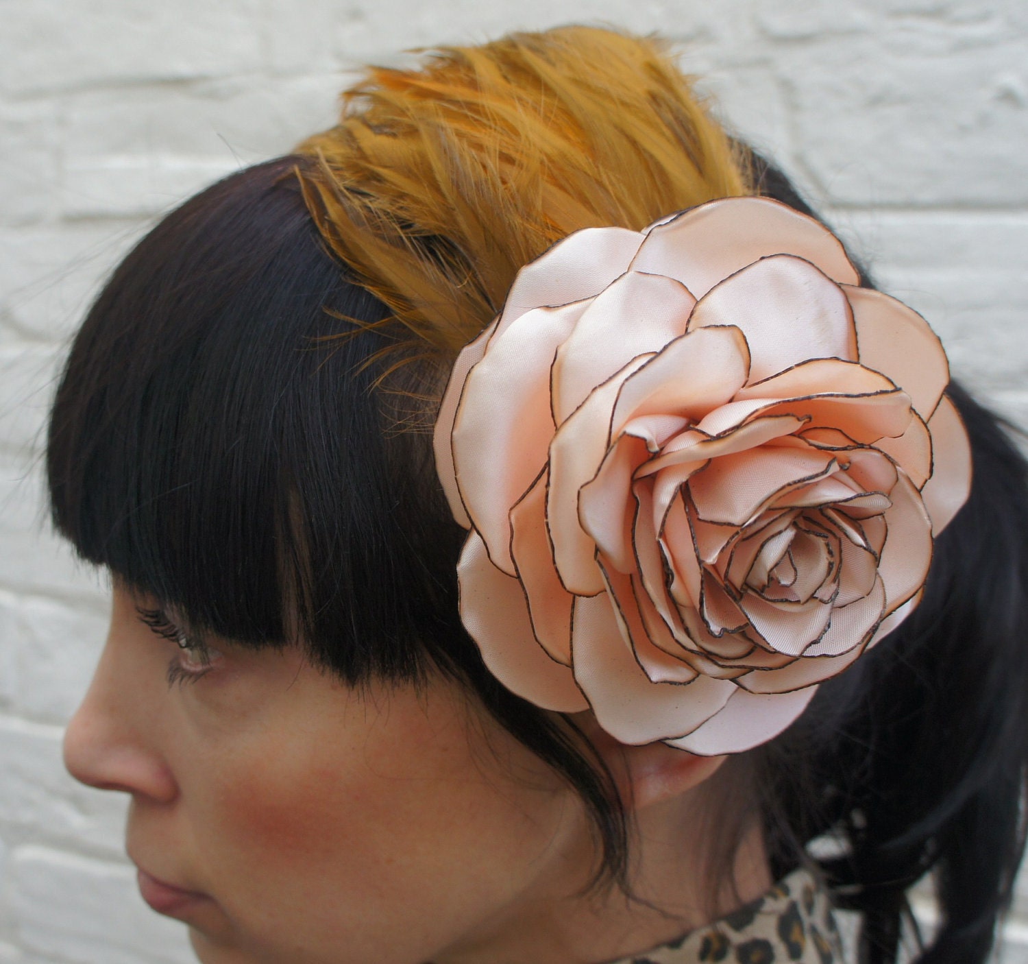 Recycled vintage flower fascinator/headpiece, pink satin flower brown vintage feathers wedding bride bridesmaid mother of the bride
