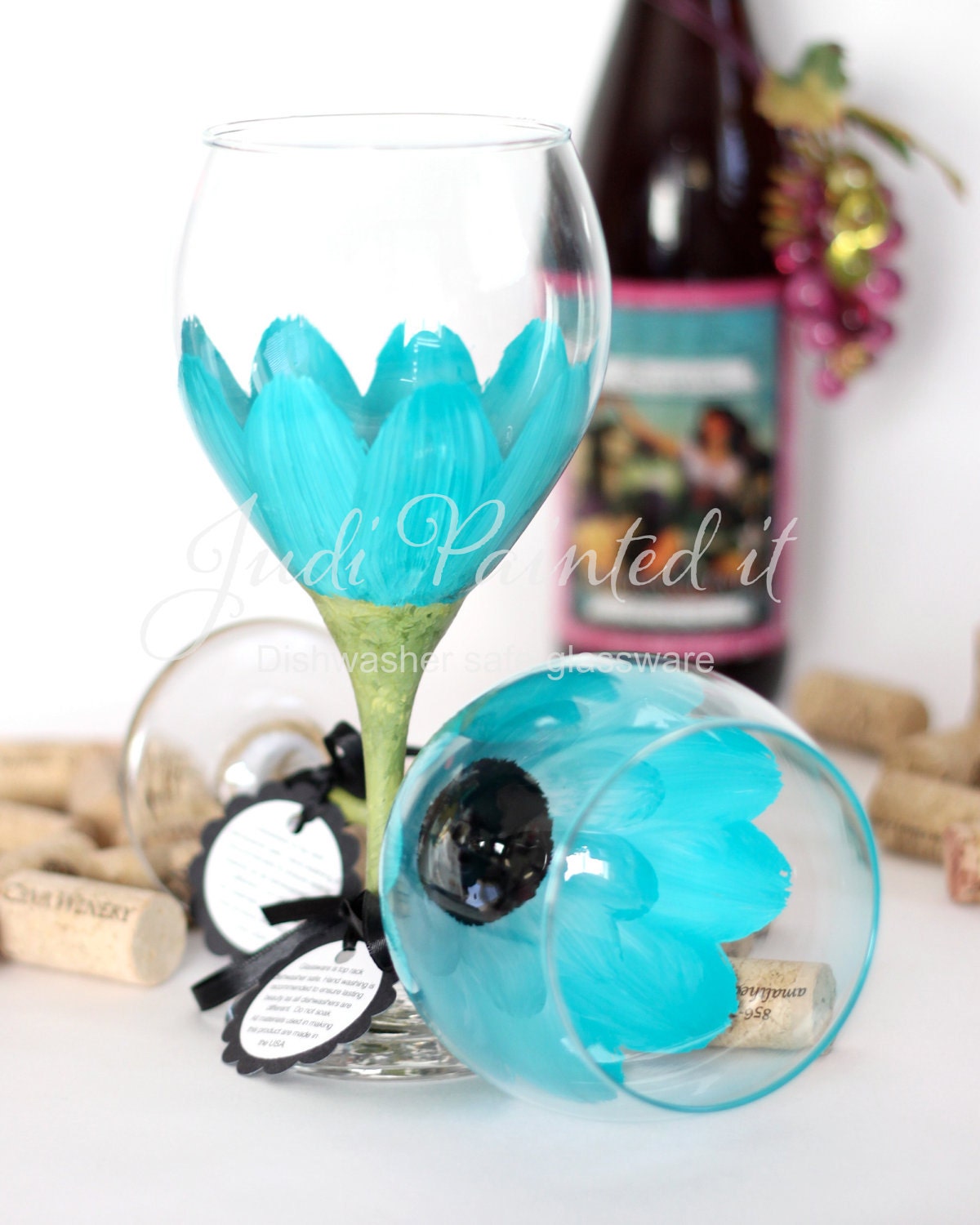 Aqua Daisy hand painted wine glass - FREE Personalization and dishwasher safe