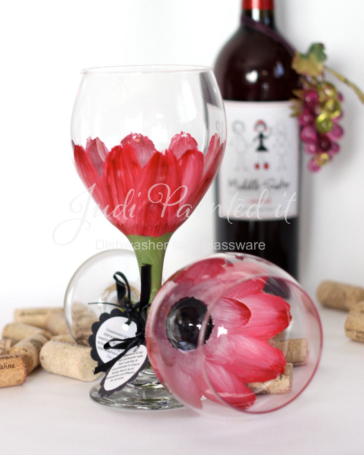 Engine red Daisy hand painted wine glass - FREE Personalization and dishwasher safe