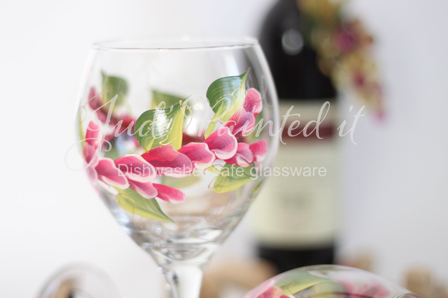 Woodland pink magenta wrap around floral hand painted wine glass.  FREE personalization and dishwasher safe