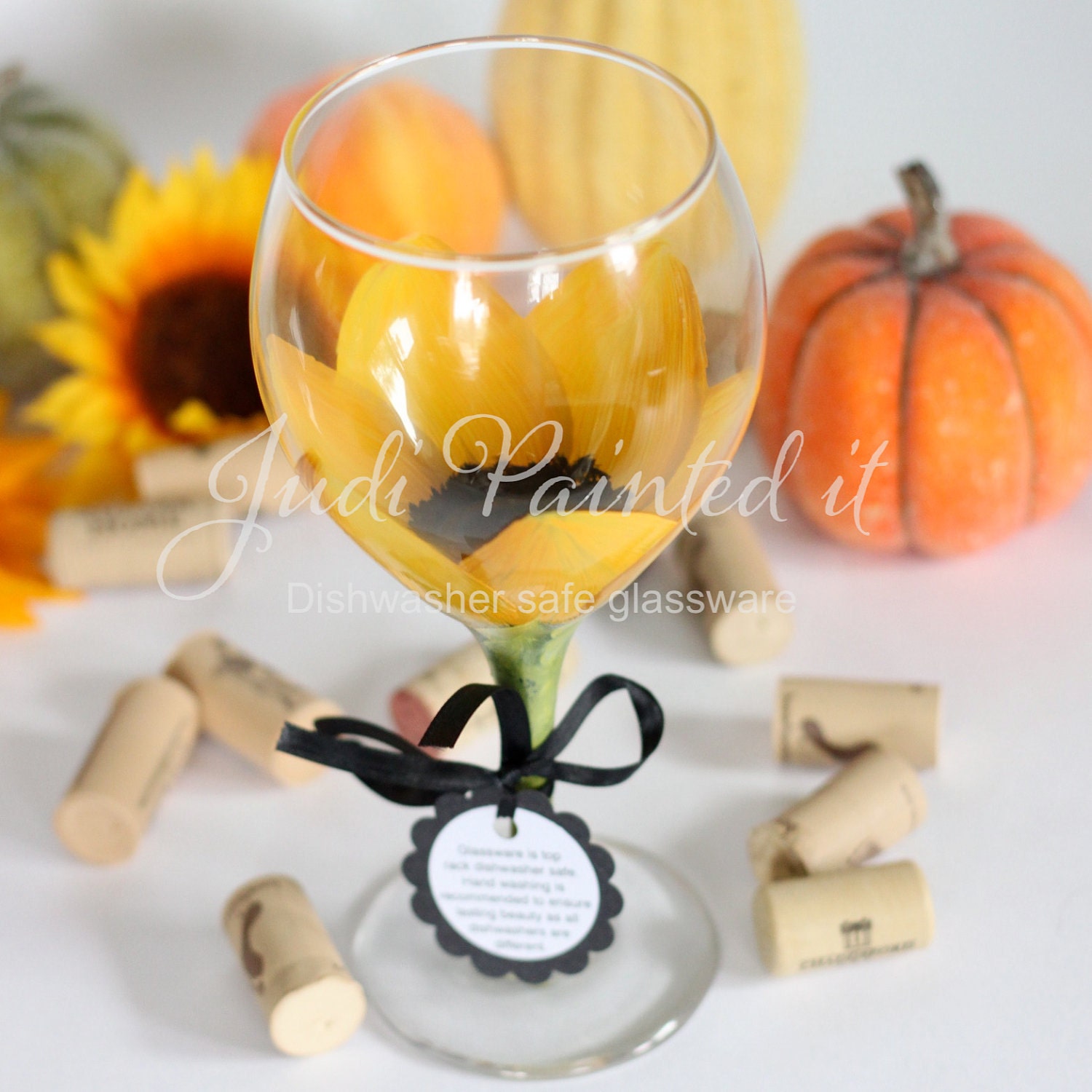 Sunflower hand painted wine glass - FREE personalization and dishwasher safe.