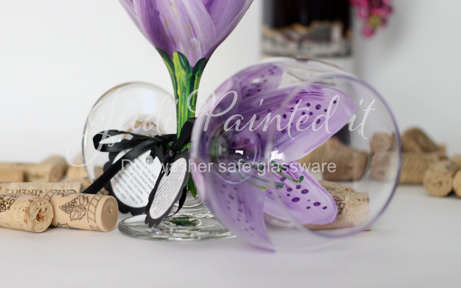 Stargazer Lilly in violet pansy purple hand painted wine glass - FREE personalization, dishwasher safe