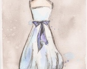 Print - Watercolor and Charcoal Painting - White Bow Dress - 10x13