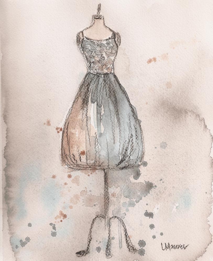 Print - Watercolor and Charcoal Painting - Vintage Strapless Champagne Dress - 10x13