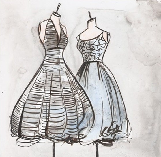 Vintage Dress Painting - Print of a Watercolor and Ink Painting - Vintage Striped and Lace Dresses - 10x13