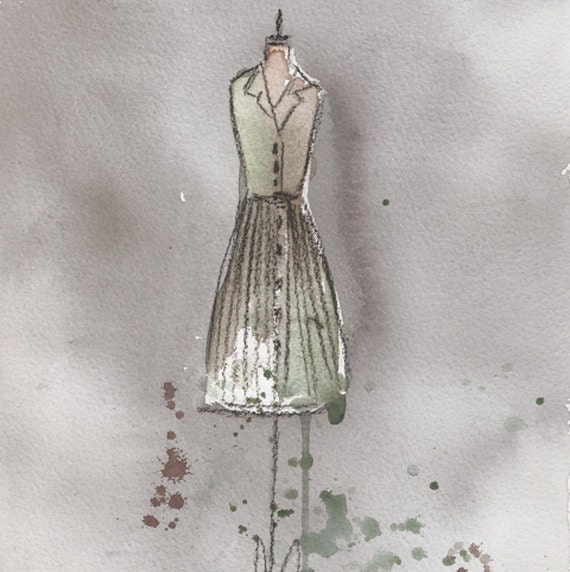 Print - Watercolor and Charcoal - Vintage Dress Painting - Vintage Celeste Dress - 8x10 - Lauren Maurer Artworks on Etsy