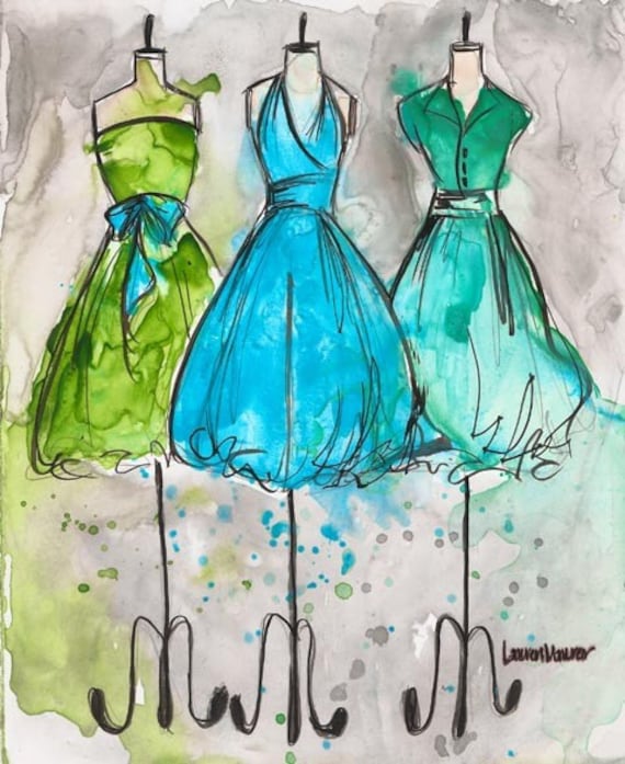 Print - Watercolor and Ink - Vintage Dress Painting - Vintage Aqua Trio - 10x13