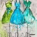 Print - Watercolor and Ink - Vintage Dress Painting - Vintage Aqua Trio - 8x10