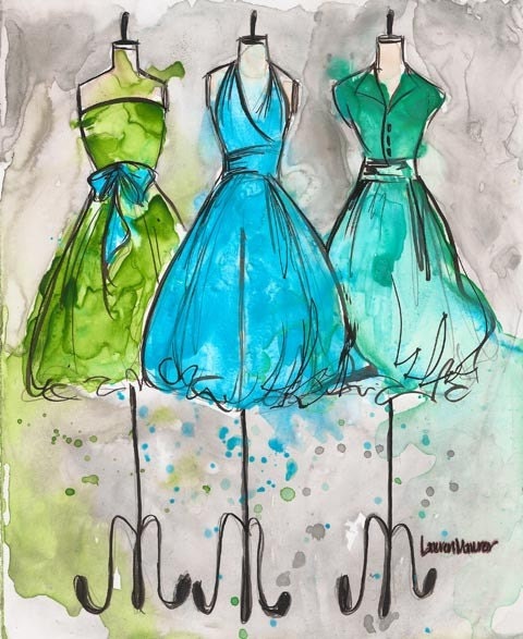 Print - Watercolor and Ink - Vintage Dress Painting - Vintage Aqua Trio - 10x13