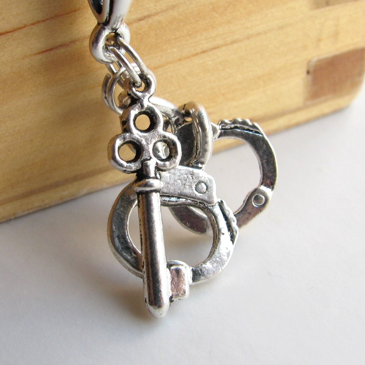 Key and Handcuff charm necklace, silver pewter hand cuffs and skeleton key, erotic erotica sexual fantasy, police fetish, bondage BDSM