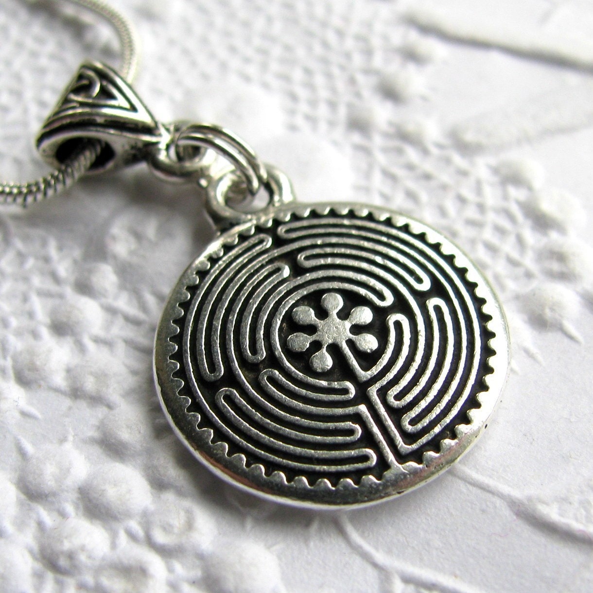 Labyrinth charm necklace with Celtic accents, Tierra Cast antiqued silver pewter, ancient druid spiritualiity, travel symbol, inner wisdom
