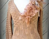 Cotton Tea Stained V Neck Sweater with Vintage Textile Ruffles Size Medium