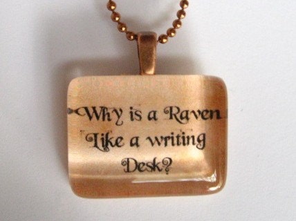 Why is a Raven Like a Writing Desk - Alice in Wonderland Quote Glass Tile Pendant Necklace