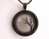 Bare Tree and Moon Pendant - Gray /B&W - Glass in Gunmetal with leather cord