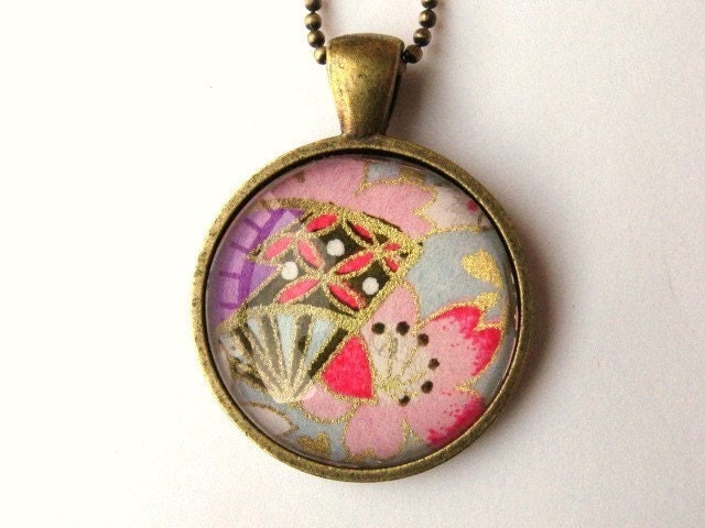 Japanese Chiyogami Fan and Flowers - Pink, Purple, Red, Baby Blue, Metallic Gold - Glass Pendant