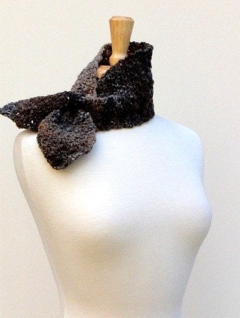 Pull Through Scarf, Crochet Ascot Scarf, Taupe and Black, Noro Yarn
