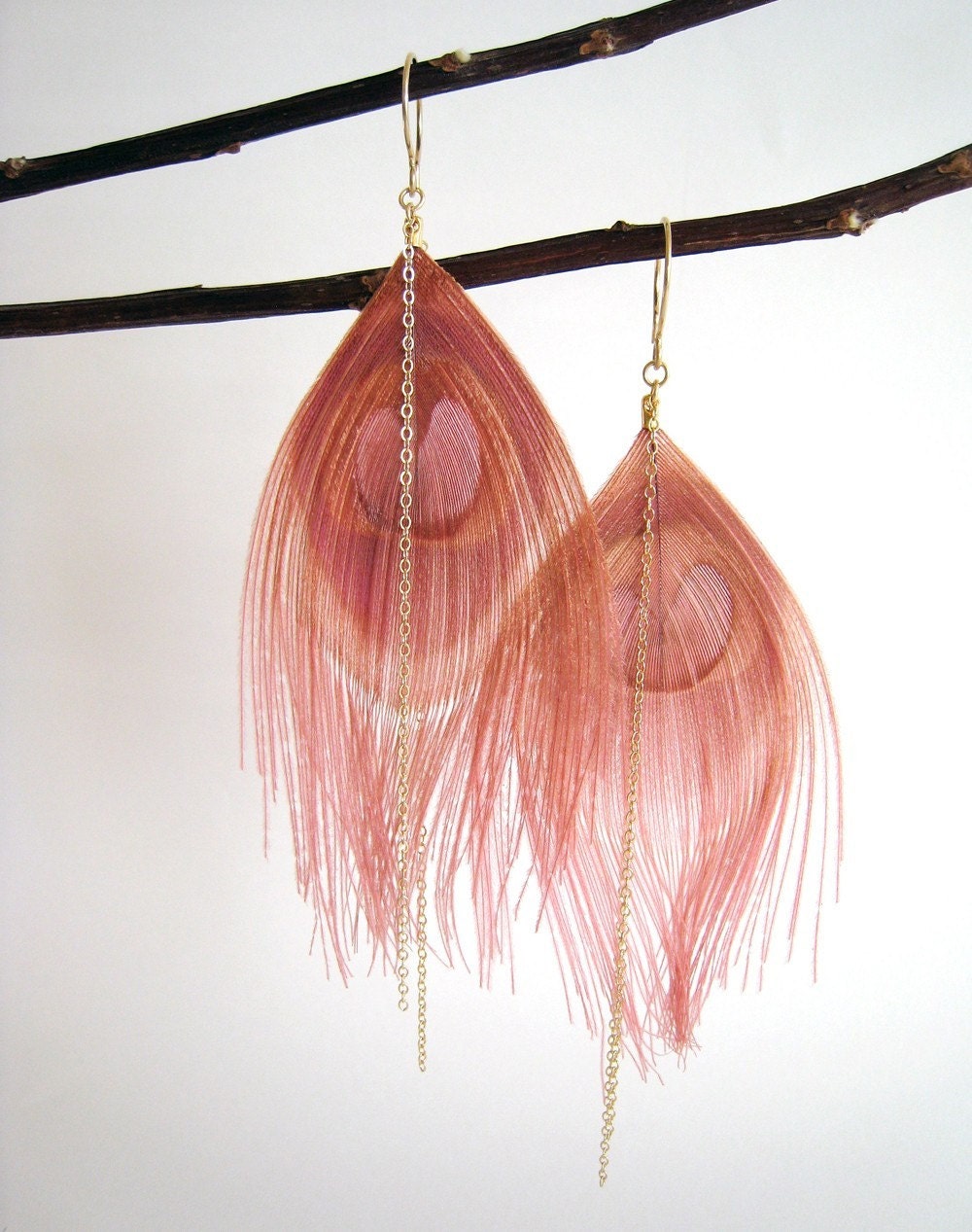 Apricot Peacock Feather Earrings  