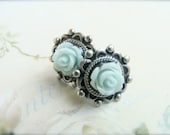 Minty Green Roses.  Antique Silver Post Earrings.