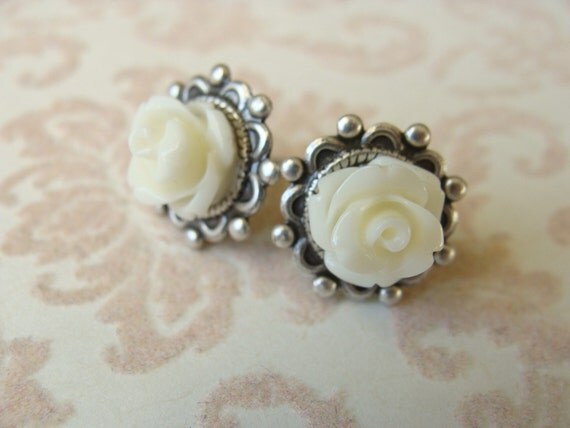 Cream Roses.  Antique Silver Post Earrings