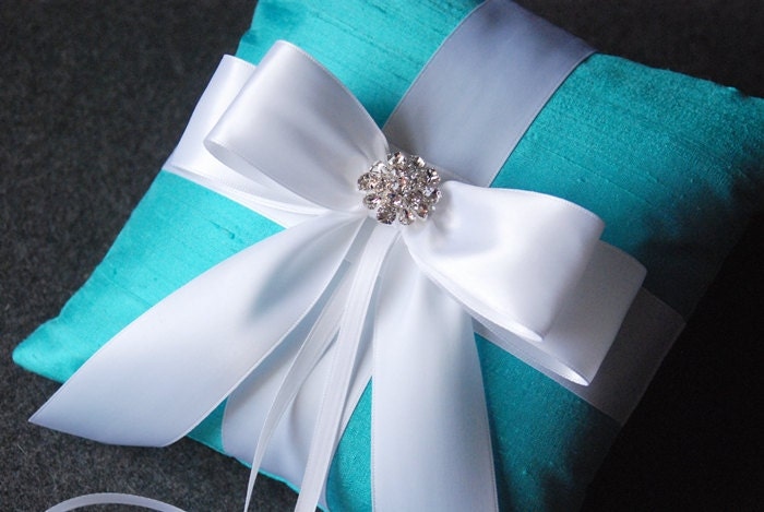 Wedding Ring Pillow - Tiffany Blue Ring Bearer Pillow with White Bow and Rhinestones - Helen