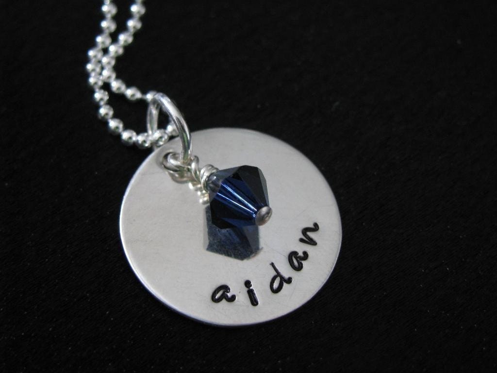 Aidan Necklace- Smooth sterling silver disk with pearl or birthstone- Personalized and HAND STAMPED necklace with name