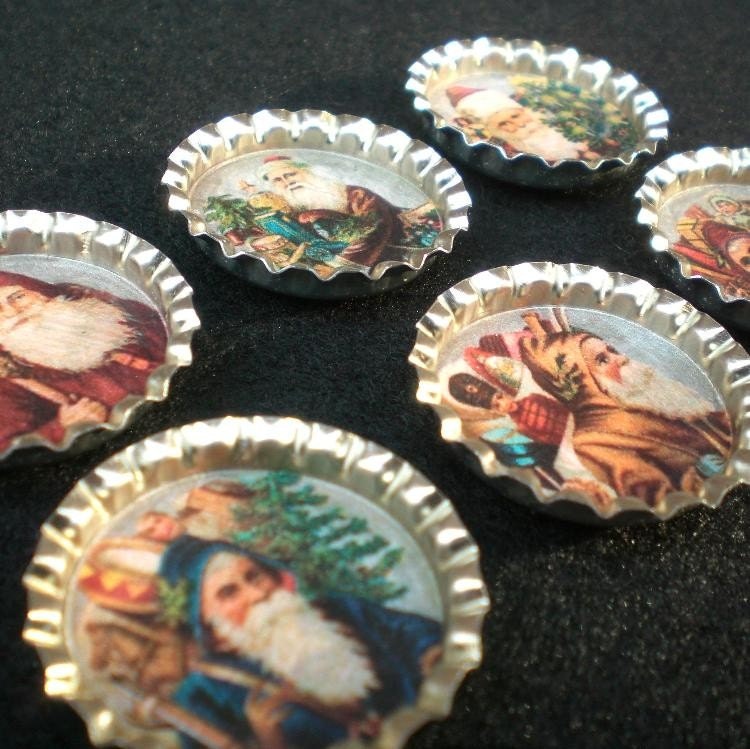 Old World Vintage Santa Bottle Cap Magnets Set of 6