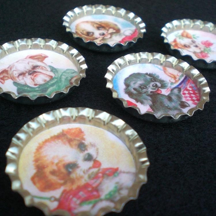 Playful Puppies Bottle Cap Magnets Set of 5