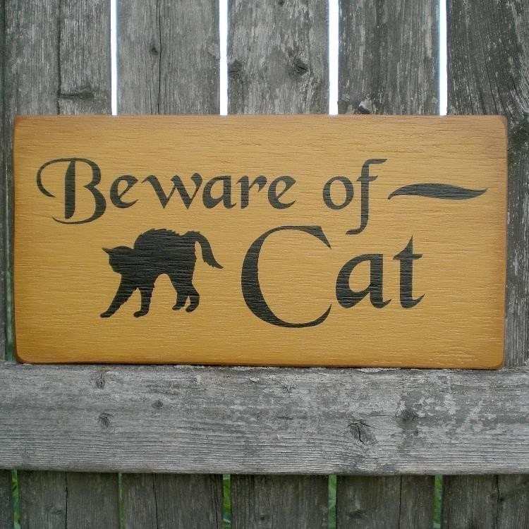 Primitive Wood Sign With Black Cat- Beware of Cat
