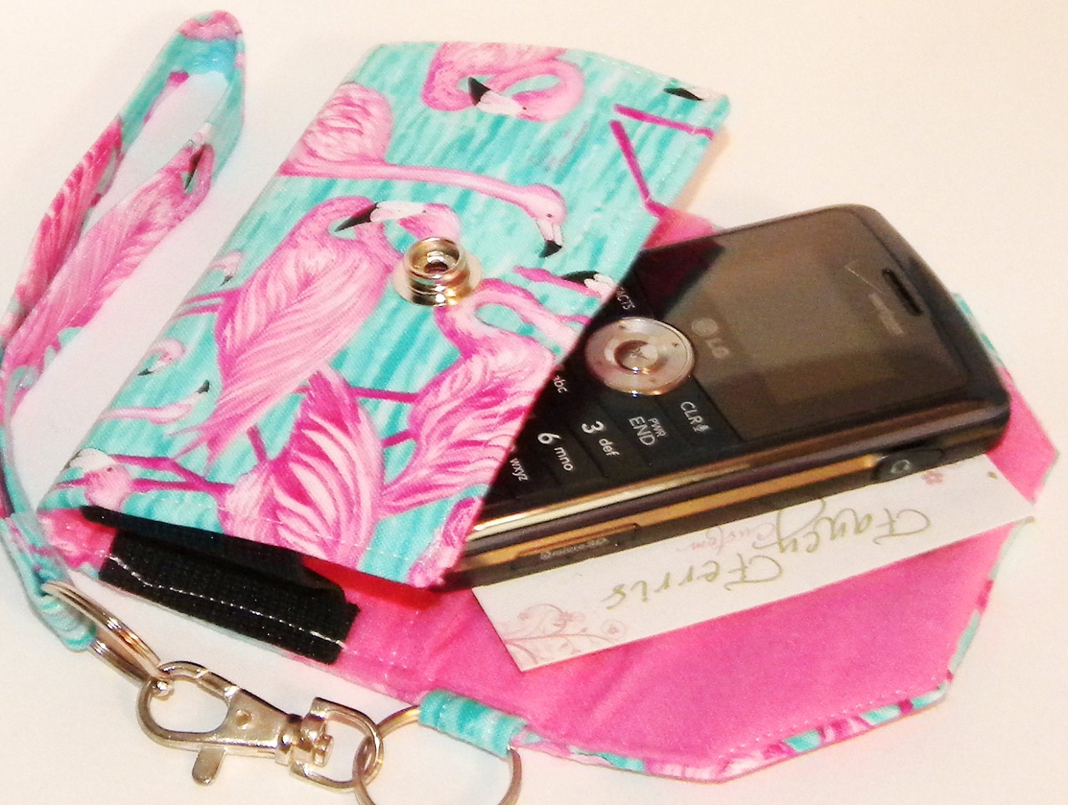 Custom Fit Cell Phone Case with coordinating keychain wristlet and inside pocket - pink flamingos