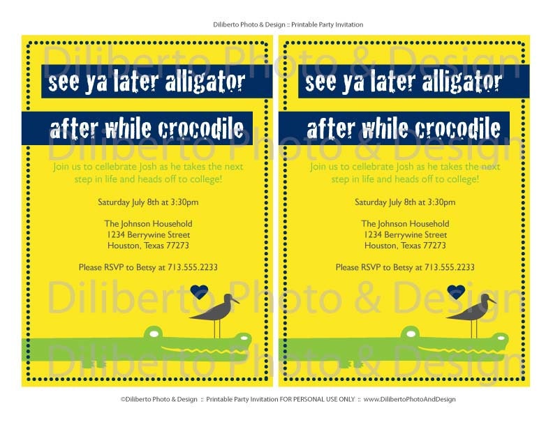 PRINTABLE Party Invitation : See Ya Later Alligator By DilibertoDesign