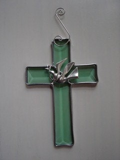 Green Beveled Cross Stained Glass Suncatcher with Dove and Olive Branch