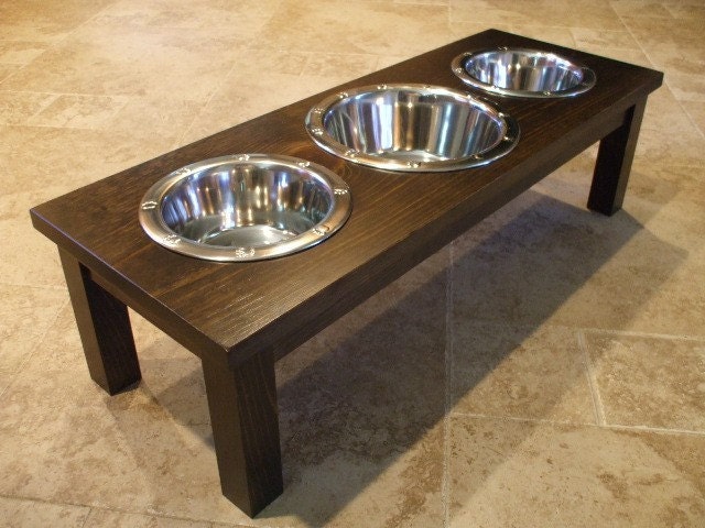 2 Quart and 1 Quart 8 Inch Triple - Ergonomically Designed Elevated Pet Feeder - Stained Dark Walnut
