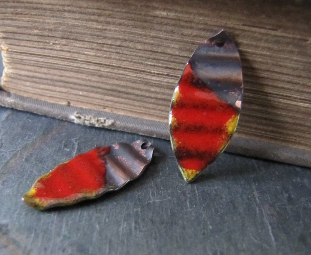 Red and Mustard Enameled Leaves - Handmade Reversible Textured Elf Ear Charms Dangles